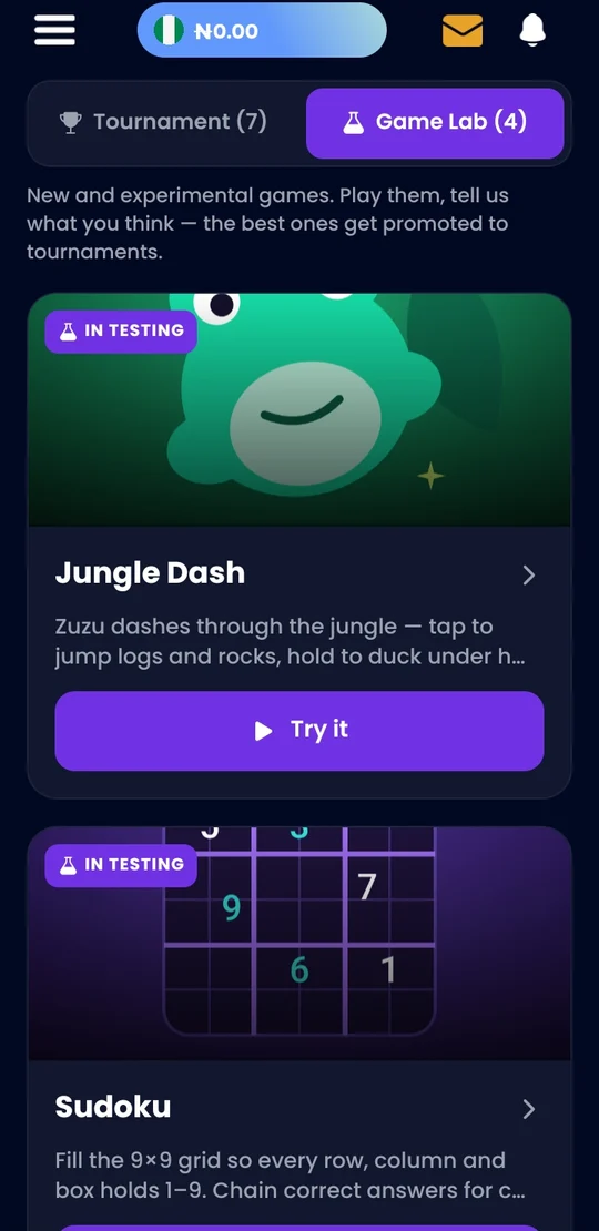 Game Lab: new and experimental games marked in testing, with a try-it button on each.