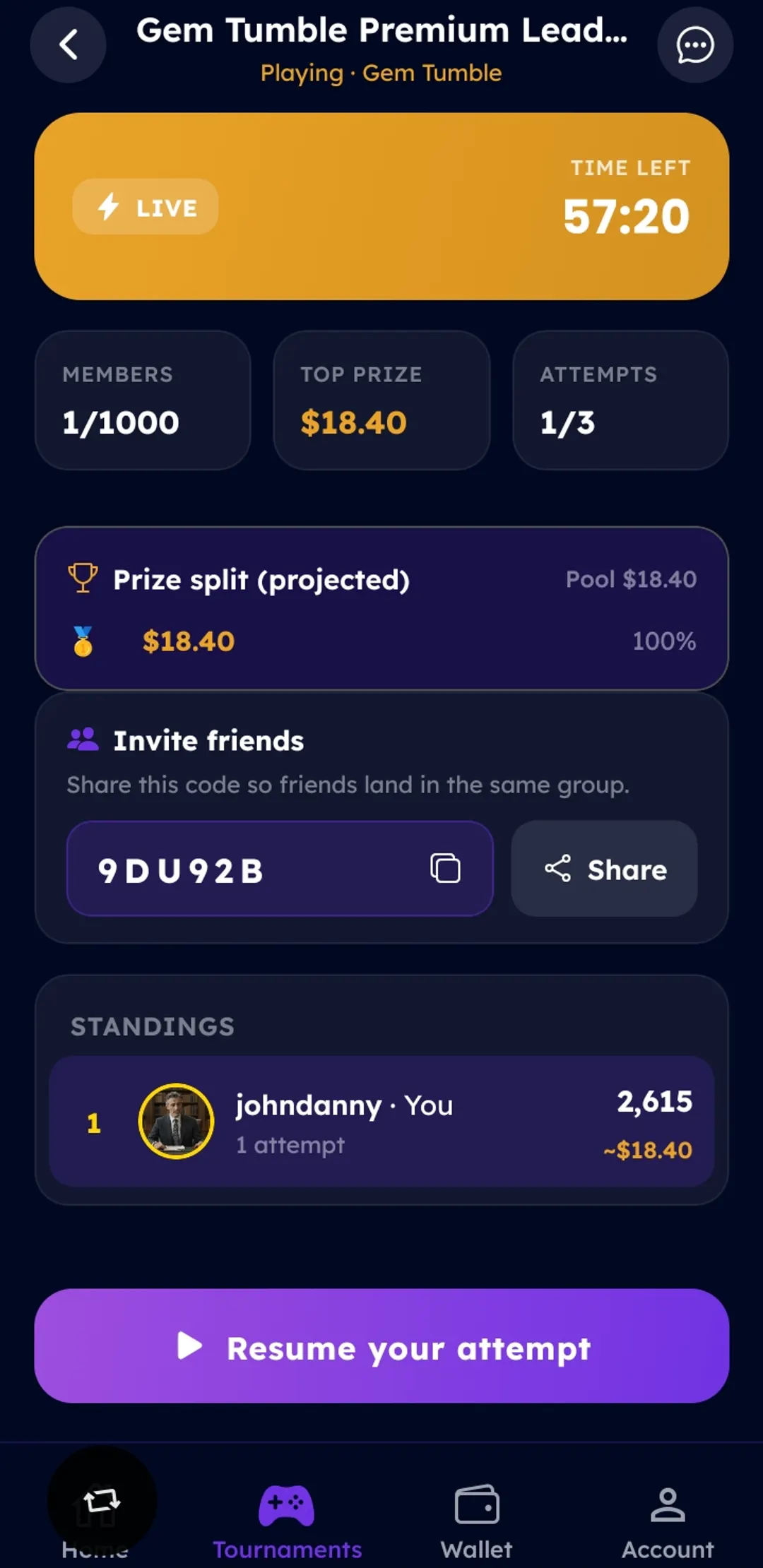 Live leaderboard