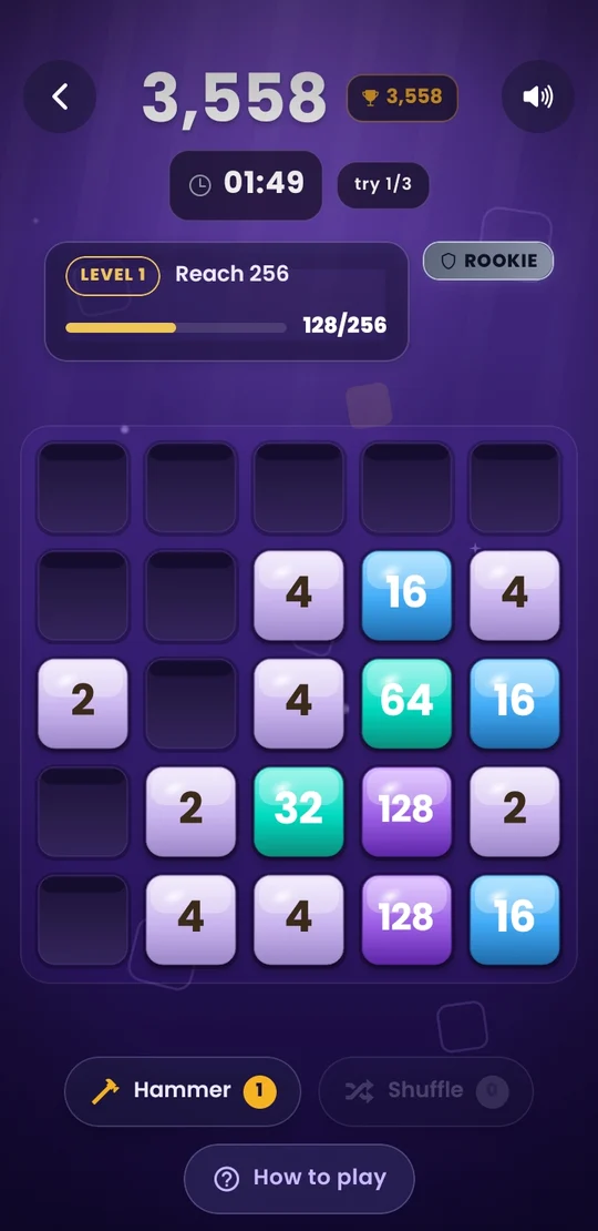 The 2048 tile game in play, with the target tile and the round timer shown above the board.