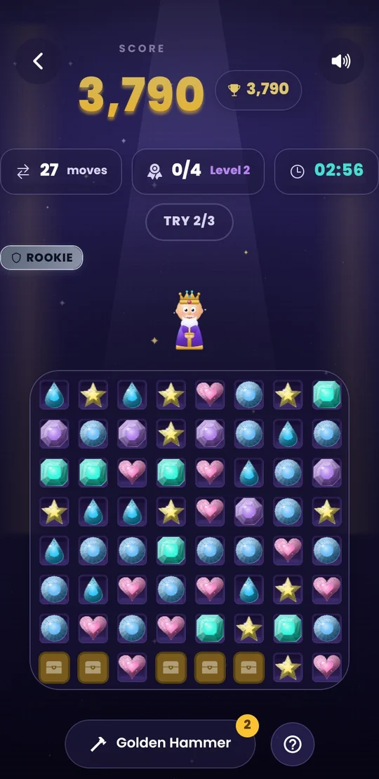 Gem Tumble in play — a match-three board with the score, moves left and round timer across the top.