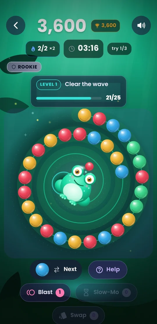 Marble Quest in play — a marble shooter, with the level goal and remaining attempts on screen.