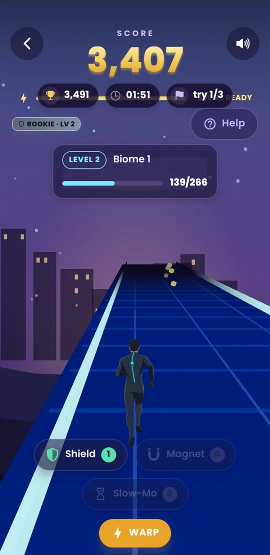 Nova Rush in play — an endless runner, with score, timer and collected power-ups.