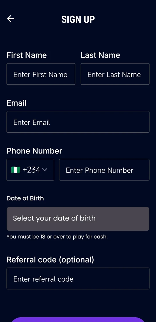 The sign-up form, including the date-of-birth field that enforces the 18+ gate.