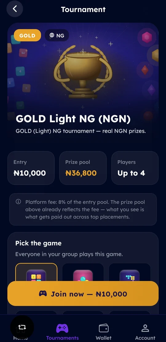 A tournament detail screen showing the prize breakdown and the players already in the group.