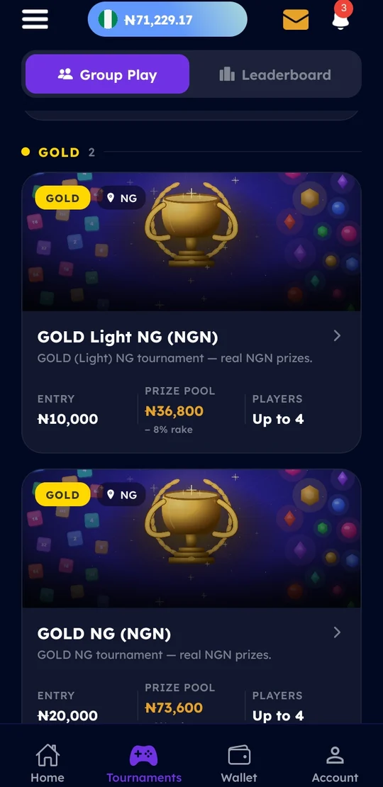 The tournaments list, filtered by tier and currency, each card showing entry, prize pool and how many players.