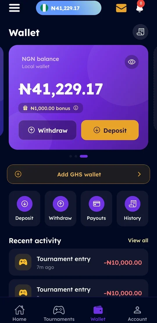 The wallet: balance, welcome bonus, deposit and withdraw, an option to add a second currency, and recent activity.